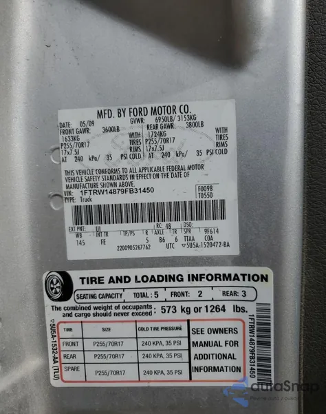 2009 Ford F150 Supercrew из США, поврежденный, VIN 1FTPW14V69FA77961